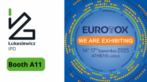 Zdjęcie przedstawiające Logo EUROTOX 2025 i logo Ł-IPO z numerem stoiska