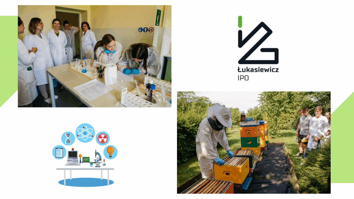 Zdjęcia uczni w laboratorium i pasiece na biało zielonym tle