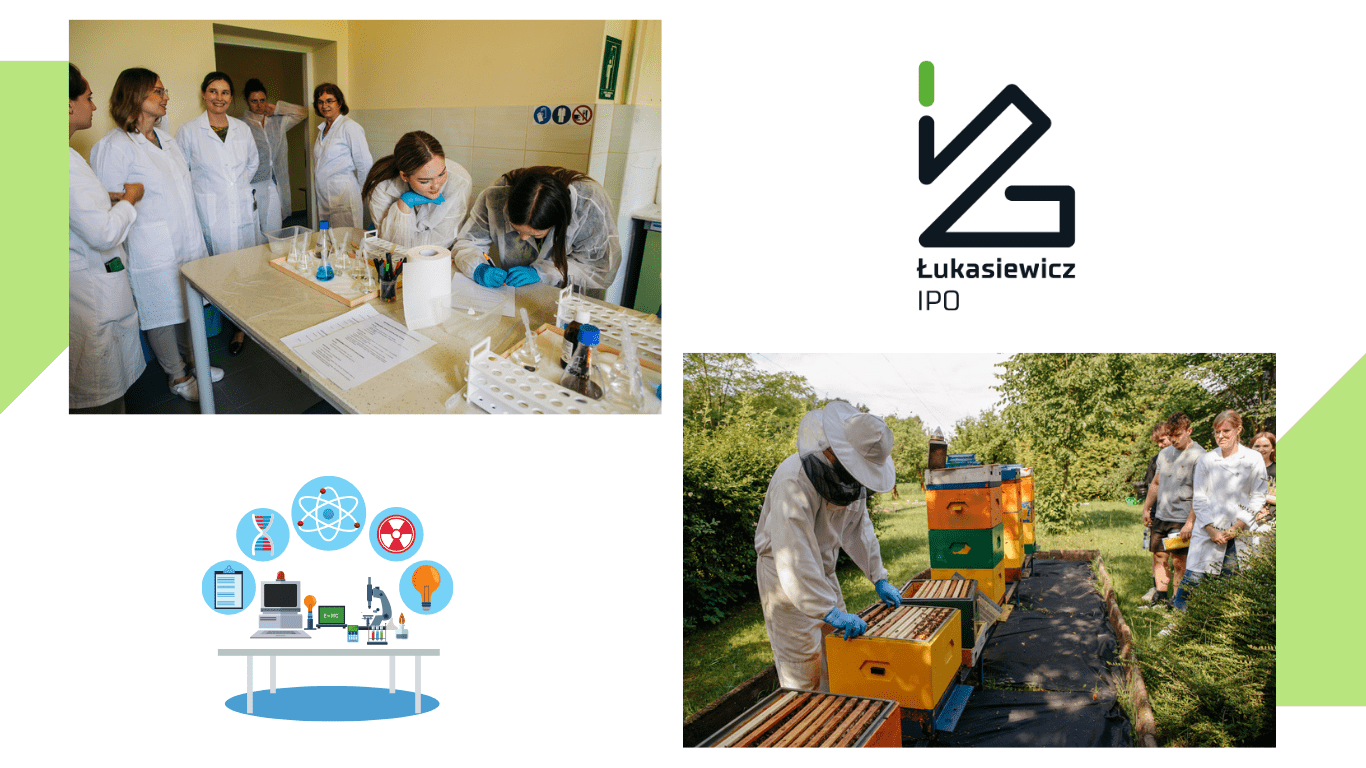 Zdjęcia przedstawiające uczni w laboratorium i pasiece na biało zielonym tle z logo firmowym