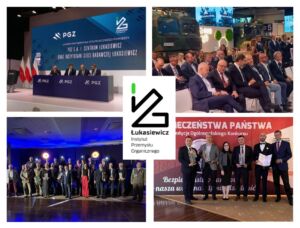 Kolaż 4 zdjęć przedstawiający ludzi siedzących na sali konferencyjnej oraz grupę osób trzymającą nagrodę