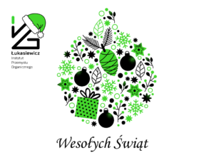 Grafika przedstawia bombkę tworzona przez śnieżynki, prezenty i gwiazdki oraz napis "Wesołych Świąt"