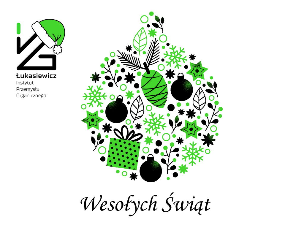 Grafika przedstawia bombkę tworzona przez śnieżynki, prezenty i gwiazdki oraz napis "Wesołych Świąt"